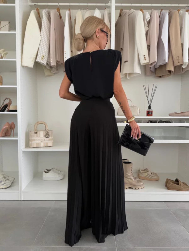 Women's Shoulder Pad Sleeveless Top Pleated Wide Leg Trousers Set