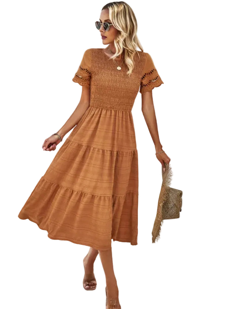 Women's Smocked Tiered Dress Short Sleeve Midi