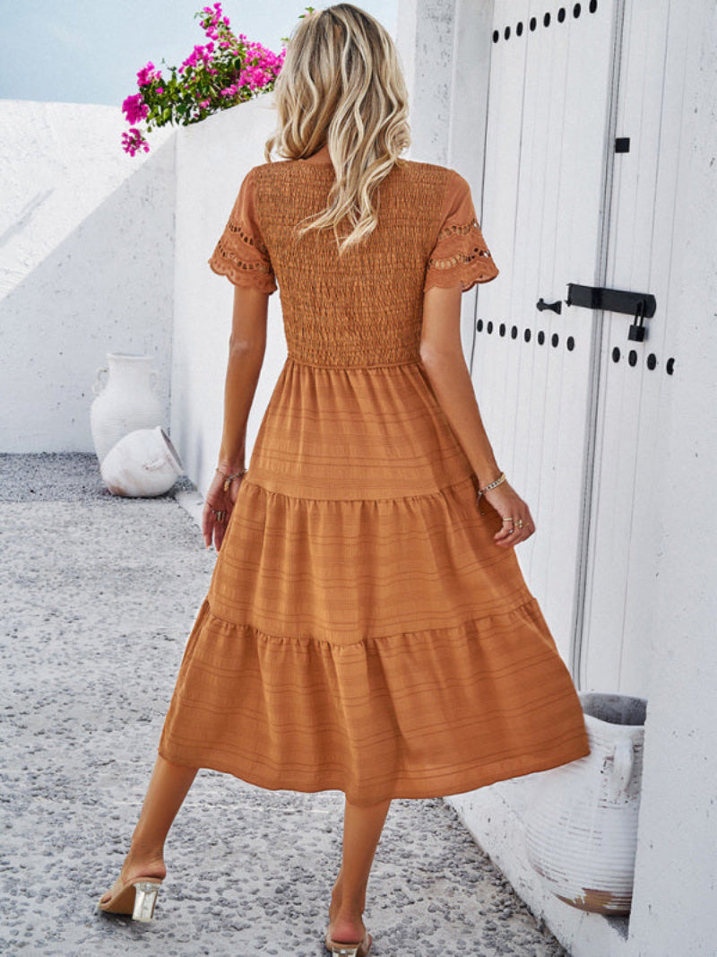 Women's Smocked Tiered Dress Short Sleeve Midi