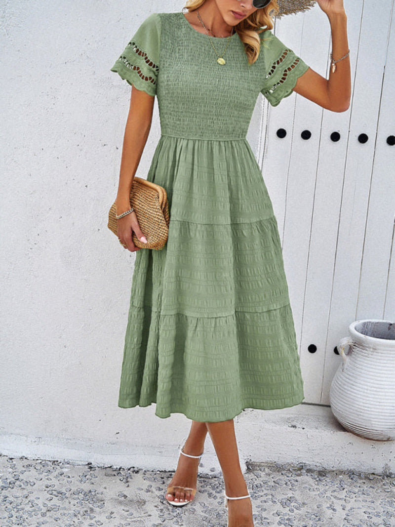 Women's Smocked Tiered Dress Short Sleeve Midi