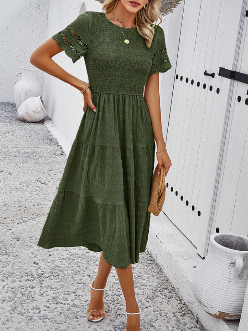 Women's Smocked Tiered Dress Short Sleeve Midi