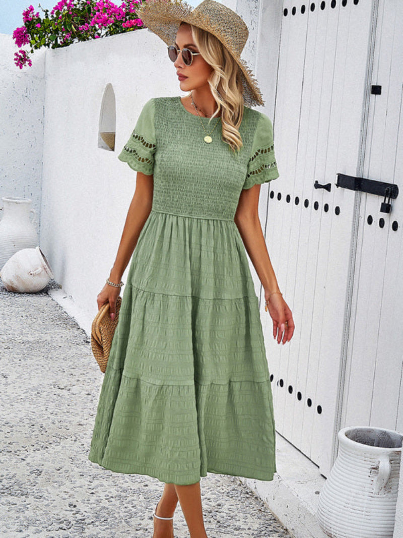 Women's Smocked Tiered Dress Short Sleeve Midi