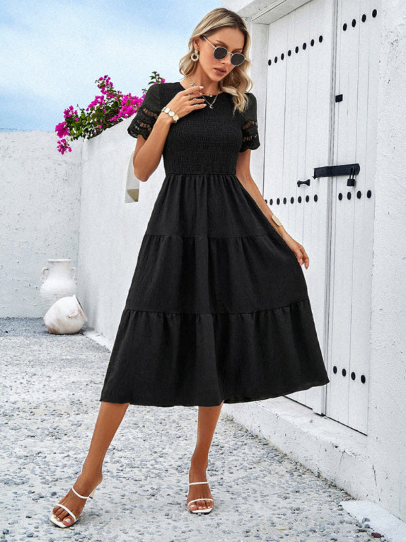 Women's Smocked Tiered Dress Short Sleeve Midi