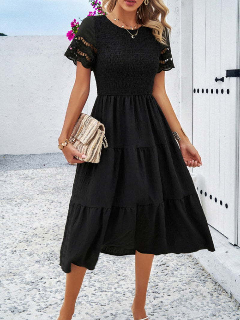 Women's Smocked Tiered Dress Short Sleeve Midi