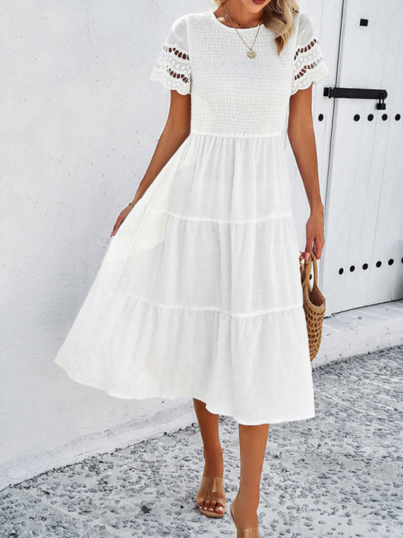 Women's Smocked Tiered Dress Short Sleeve Midi