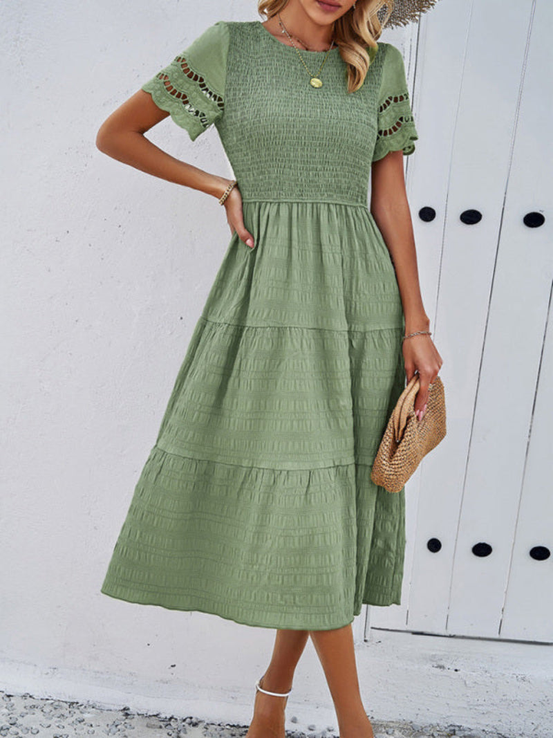 Women's Smocked Tiered Dress Short Sleeve Midi
