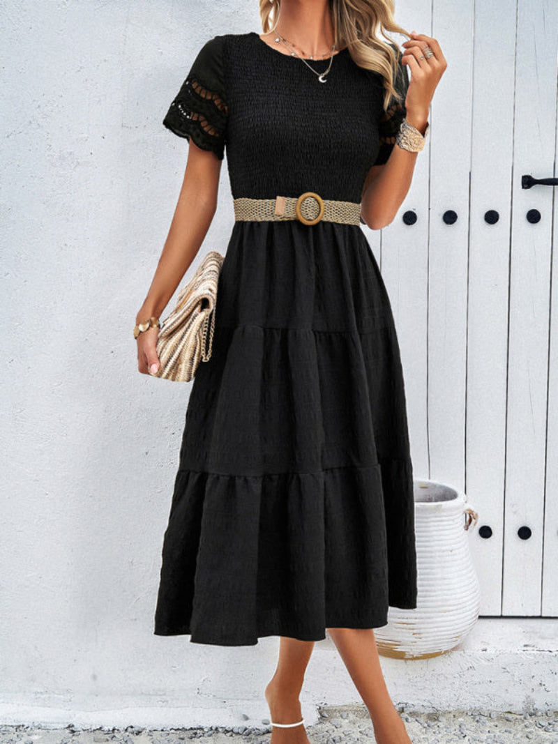 Women's Smocked Tiered Dress Short Sleeve Midi