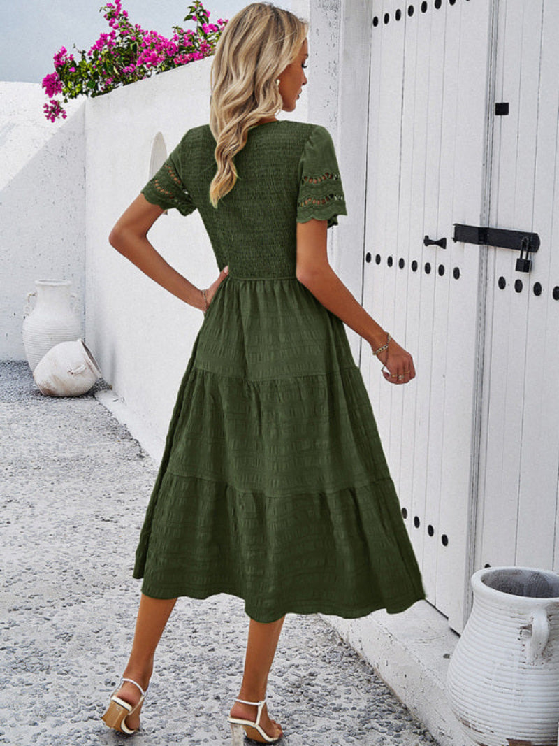 Women's Smocked Tiered Dress Short Sleeve Midi