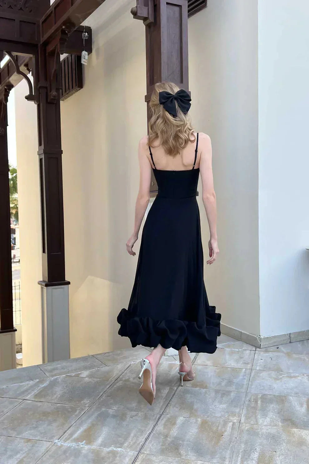 Women's Strappy Square Neck Bubble Hem Dress Midi
