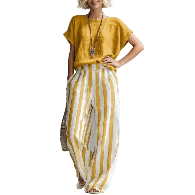 Women's Striped Wide Leg Woven Trousers Crew Neck Top Set