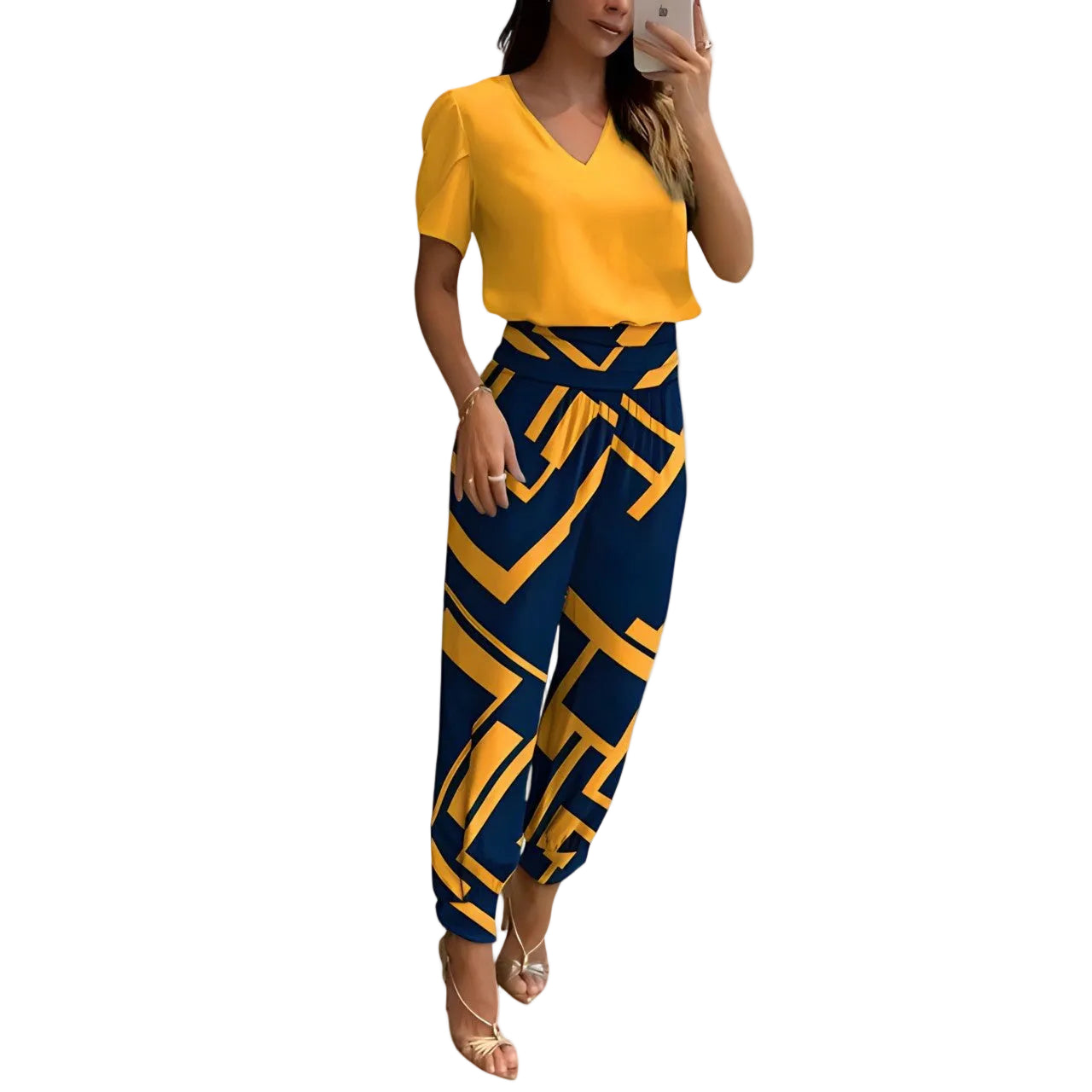 Women's V Neck Blouse and Printed Trousers Set