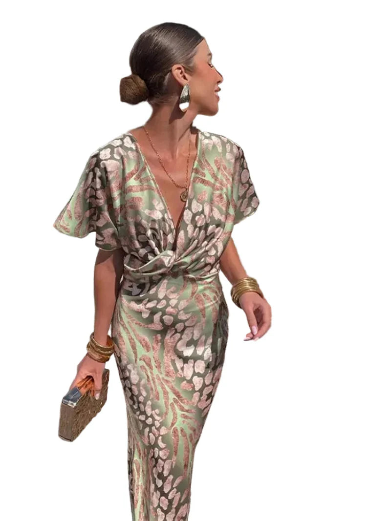 Women's V Neck Pleated Dress Midi
