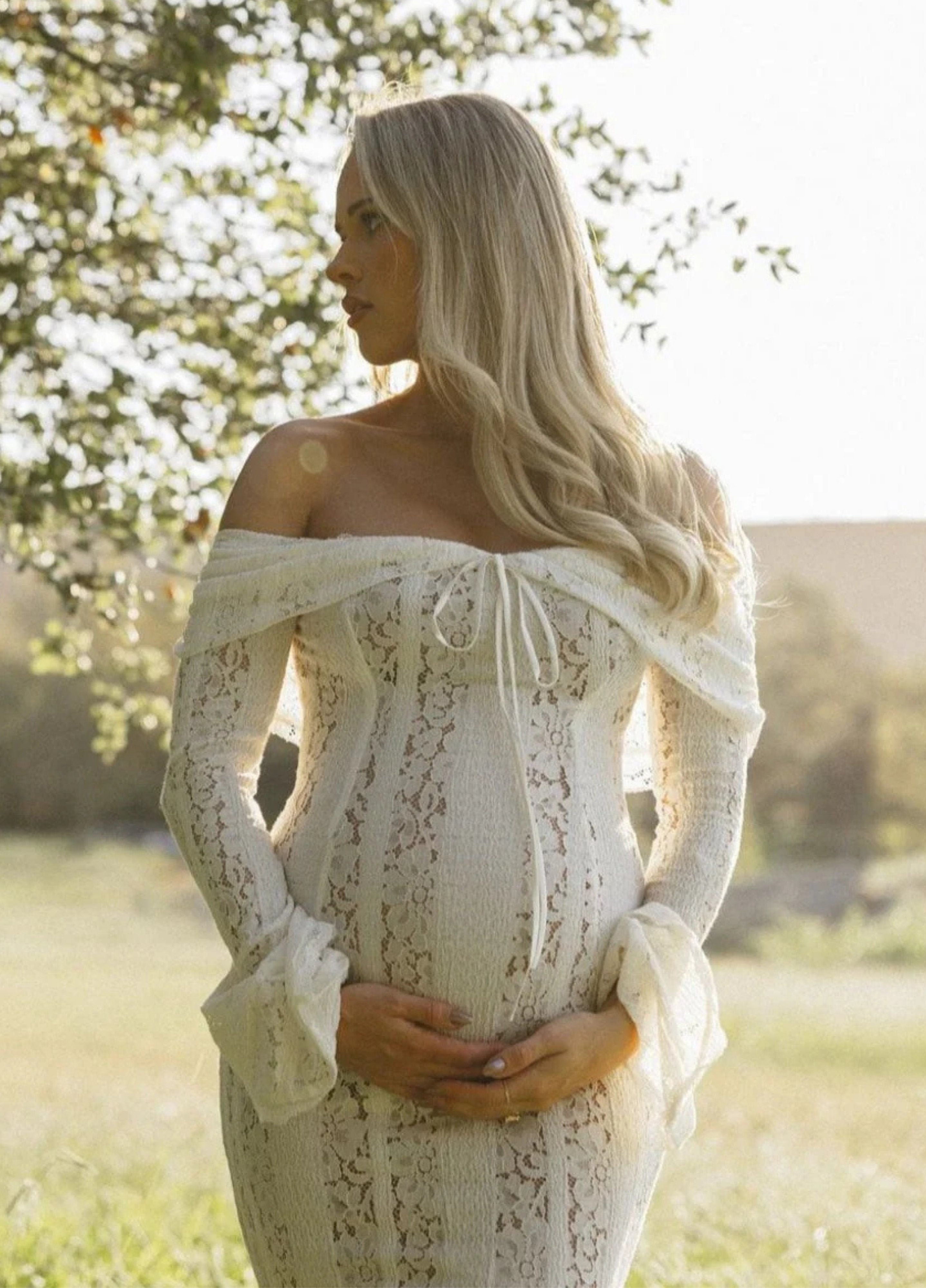 Women's White Off Shoulder Long Sleeve Dress Maxi