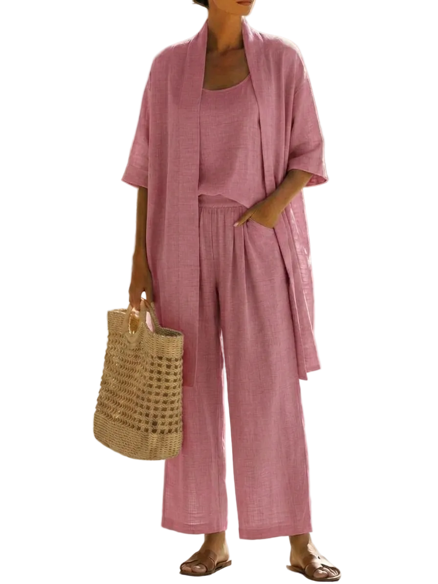 Women's Wide Leg Woven Trousers Cami Three Piece Set