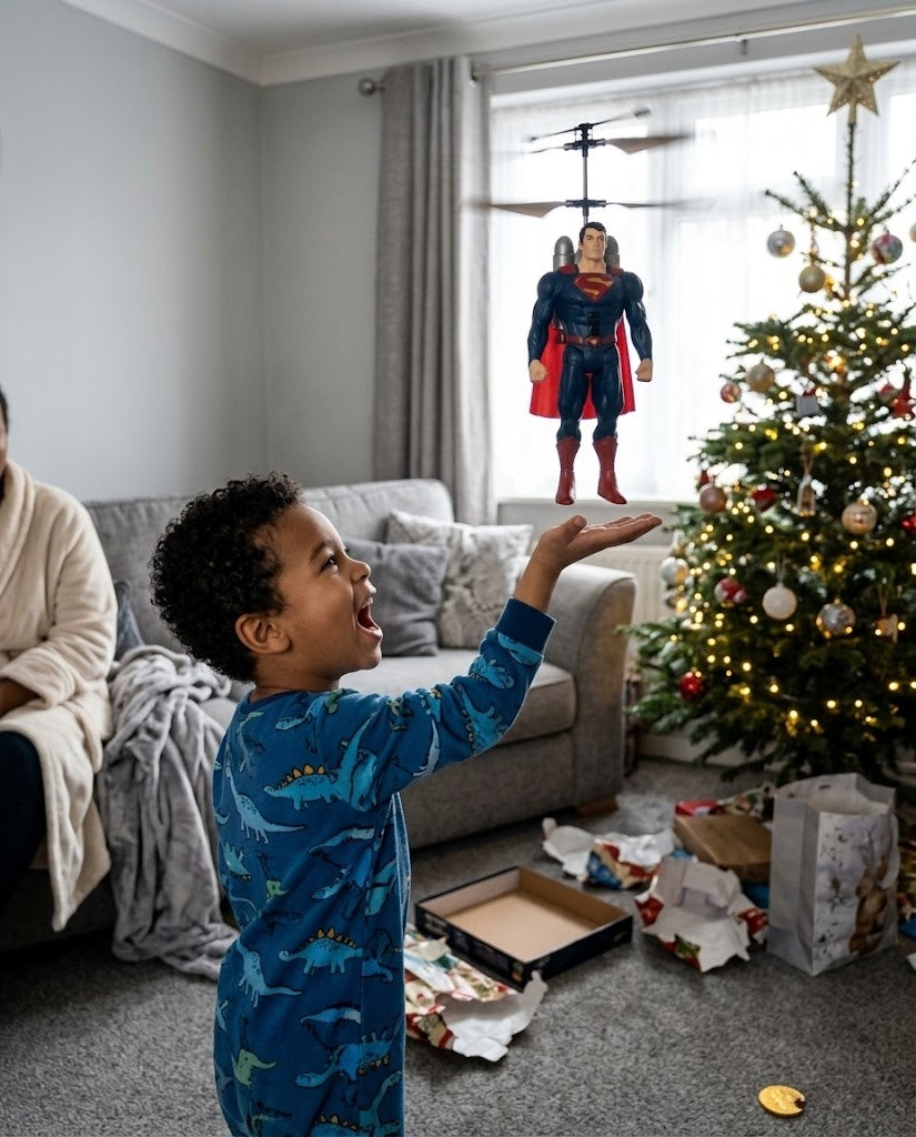Boy playing with the Superman FlyHero Pro in a lounge