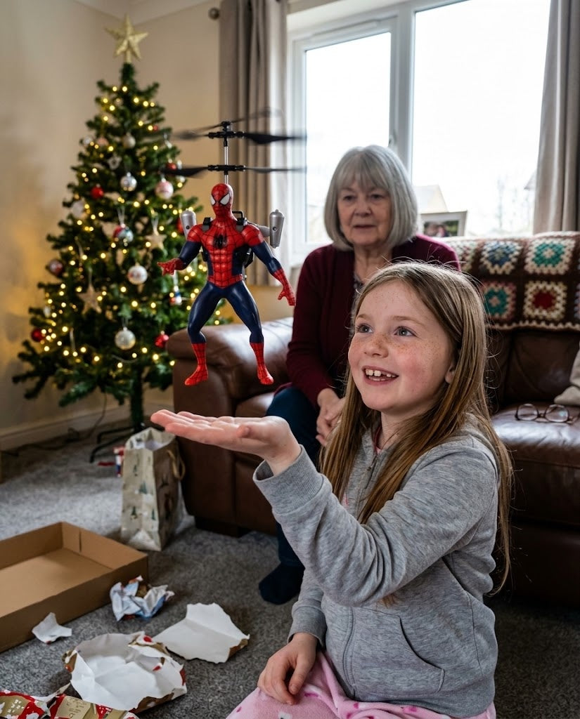 Grandmother and granddaughter flying the Spider-Man FlyHero Pro together